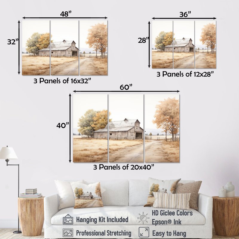 Paysage de grange, minimalisme, ensemble d'art mural, H 28 po x l 36 po x P 1 po, Toile tendue