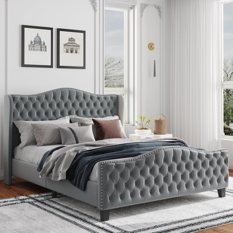 Mieya Velvet Upholstered Platform Bed Frame with Button Tufted Wingback Headboard and Footboard, King, Dark Gray