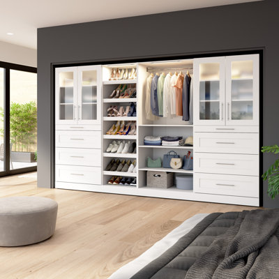 Système d'organisation avec garde-robe modulaire 132W x 25D Bestar Florence avec lumières DEL, tiroirs, portes et tablettes à chaussures, style Shaker
