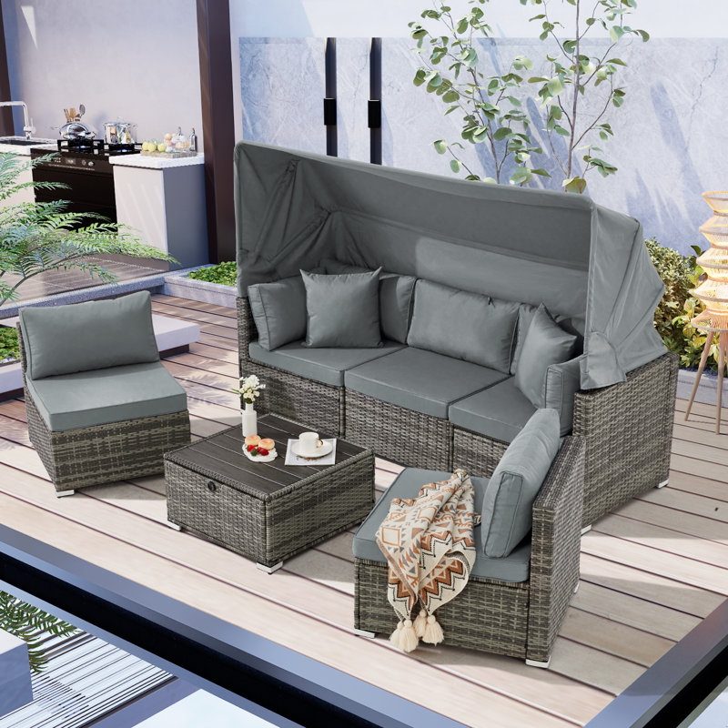 Yalissey 6 Pieces Patio Furniture Set,Outdoor Sectional Sofa Set With Retractable Canopy,Patio Conversation Sets With Adjustable Backrest For Backyard,Deck,Garden,Rattan,(Cushion)