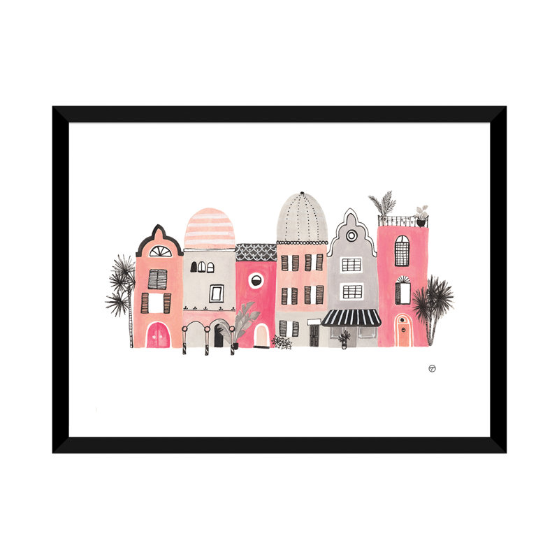 « row of houses », art, H 24 po x l 32 po x P 1 po, Papier avec cadre noir