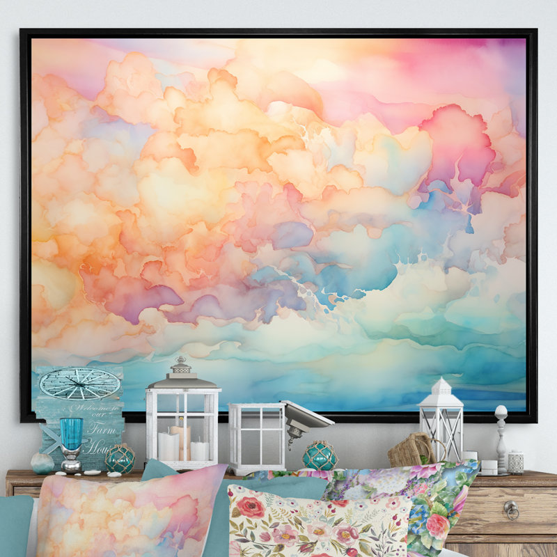 «Clouds Sunrise Alhanol Ink Landscape I - Clouds», reproduction sur toile, H 34 po x l 44 po, Cadre flottant noir