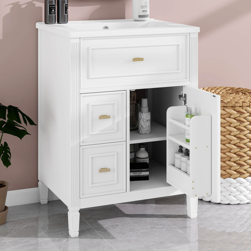 Meuble-lavabo 24 po avec lavabo, meuble-lavabo simple avec 1 tiroir rabattable, 2 tiroirs et tablette réglable, Blanc