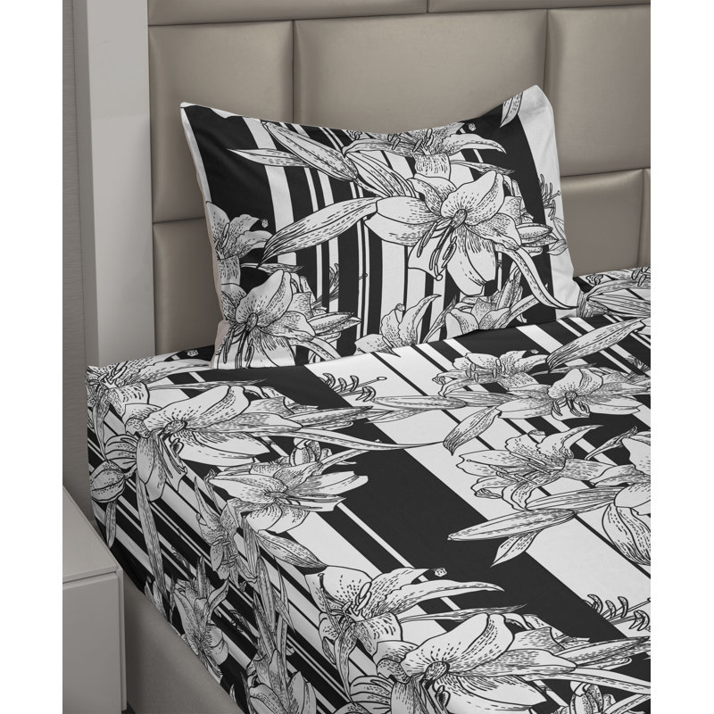 Ambesonne Watercolor Botany Sheet Set 4 Pcs Retro Boho Bloom, Charcoal Gray White Floral, Twin XL Sheet Set with 1 Pillowcase
