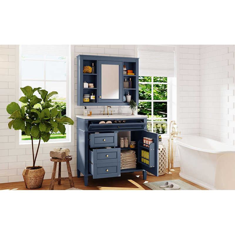 Meuble-lavabo 36 po avec armoire à pharmacie, armoire à miroir bleu royal, armoire de rangement moderne avec 2 portes à fermeture douce et 4 tiroirs, meuble-lavabo simple