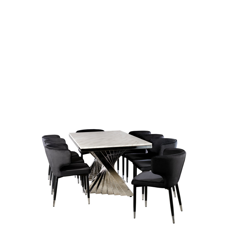 Kit Velvet Curved Back Side Chair with Elegant Ferrules – Modern Glam Dining or Accent Chair, Black, Black and Sliver