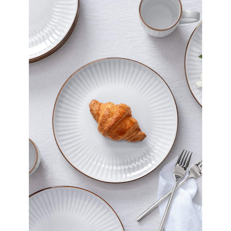 Ensemble de vaisselle 18 pièces en grès, assiettes et bols pour 6 personnes, À rayures