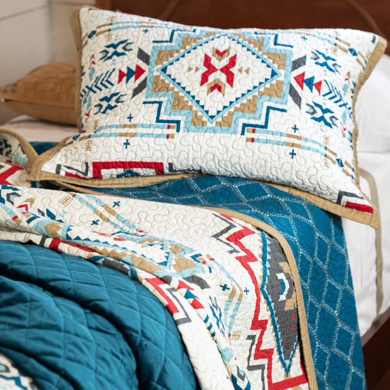Spirit Valley Teal/Cream/Tan Aztec Print Cotton Southwestern Style Reversible Quilt Set, King Quilt + 2 King Shams