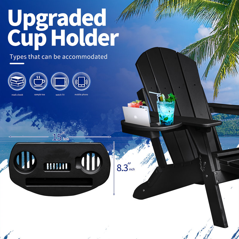 Caythan Foldable Outdoor Adirondack Chair With Ottoman, Black