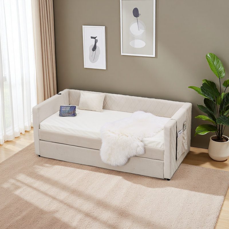 Velvet Daybed, Sturdy Wooden Bed Frame, Modern Diamond Grid Pull-Out Design, Perfect For Bedroom, Living Room Furniture