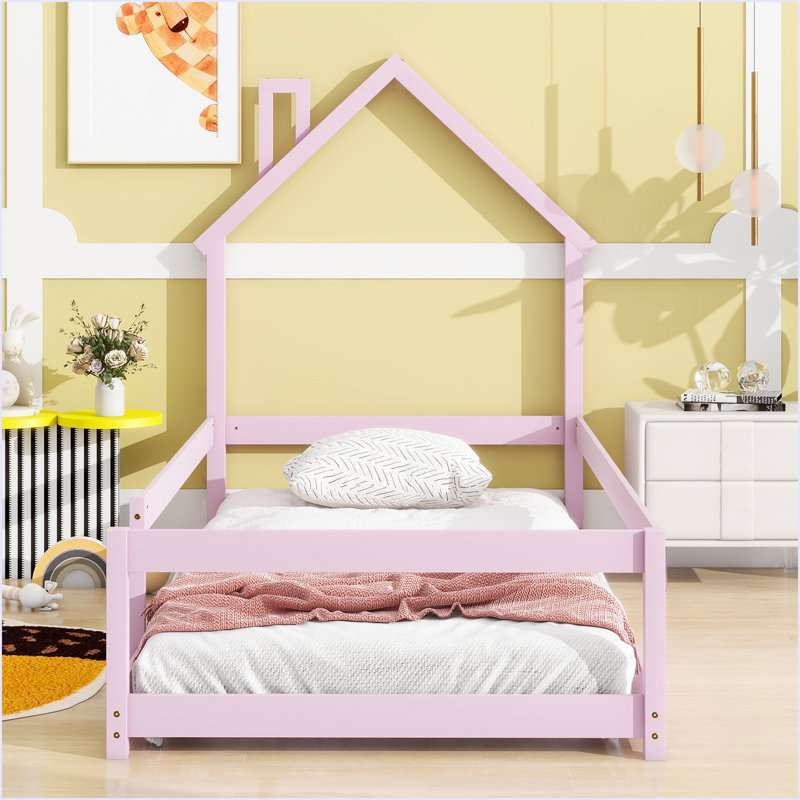 Lit simple en bois avec tête de lit en forme de maison, Rose