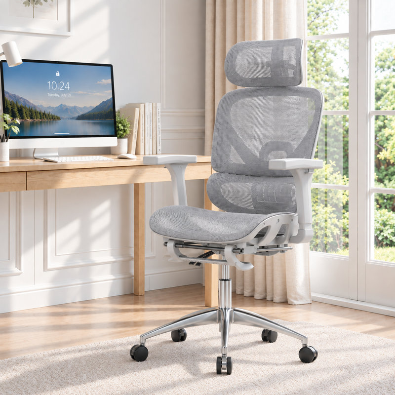 Ergonomic Mesh Office Chair with Foot Rest, High-Back Desk Chair with Adjustable Armrests, Headrest and Lumber support, Grey