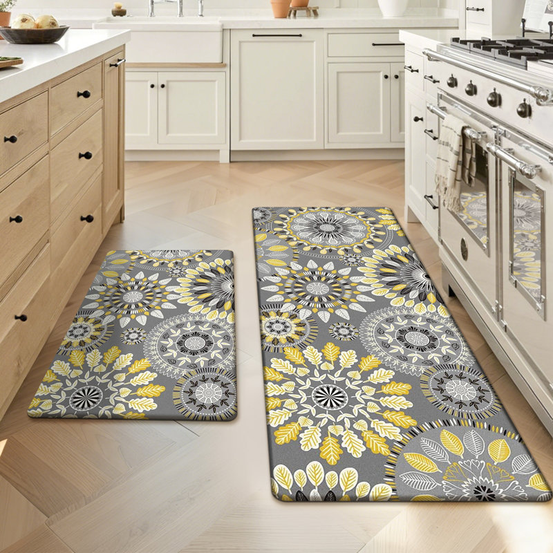 Jalissia Anti-Fatigue Non-Skid Kitchen Mat, Gray/Yellow/Black/White, Runner 18" x 30" + 18" x 48"