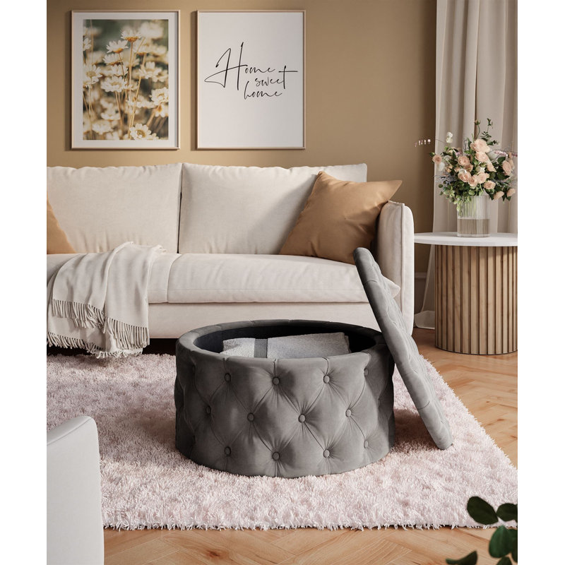 CHESTERFIELD Round Upholstered Pouf Hocker 70 cm, Light Grey Polyester