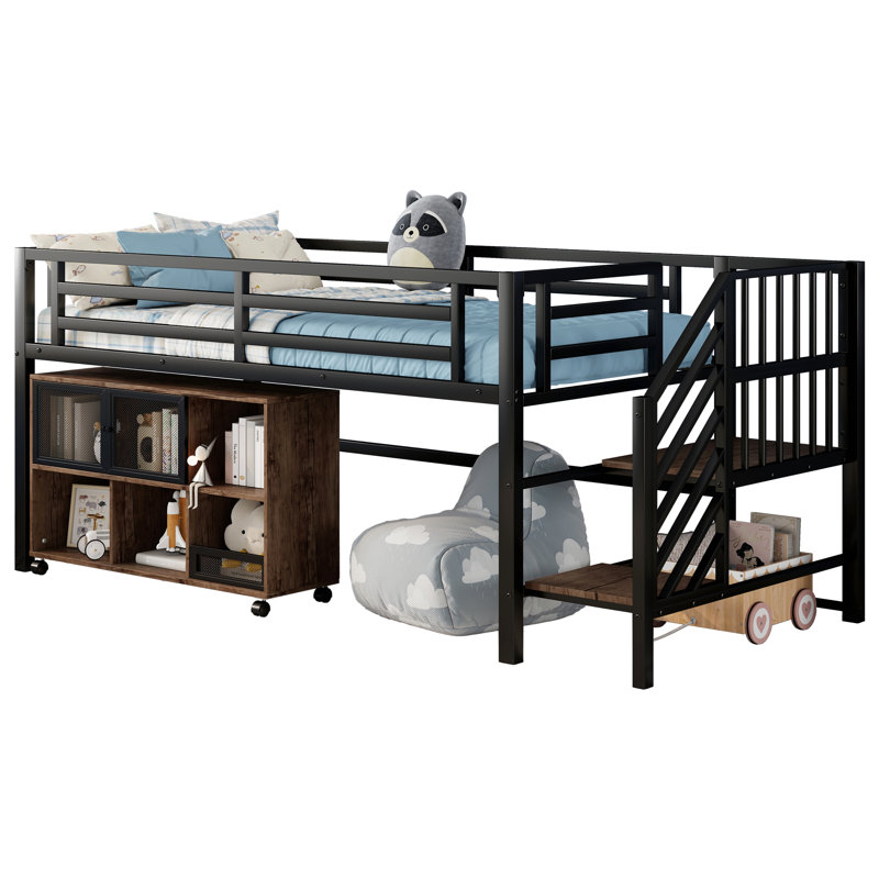 Black Twin Metal Loft Bed with Rolling 6-Cube Storage & Guardrails, Low Profile Design, Black