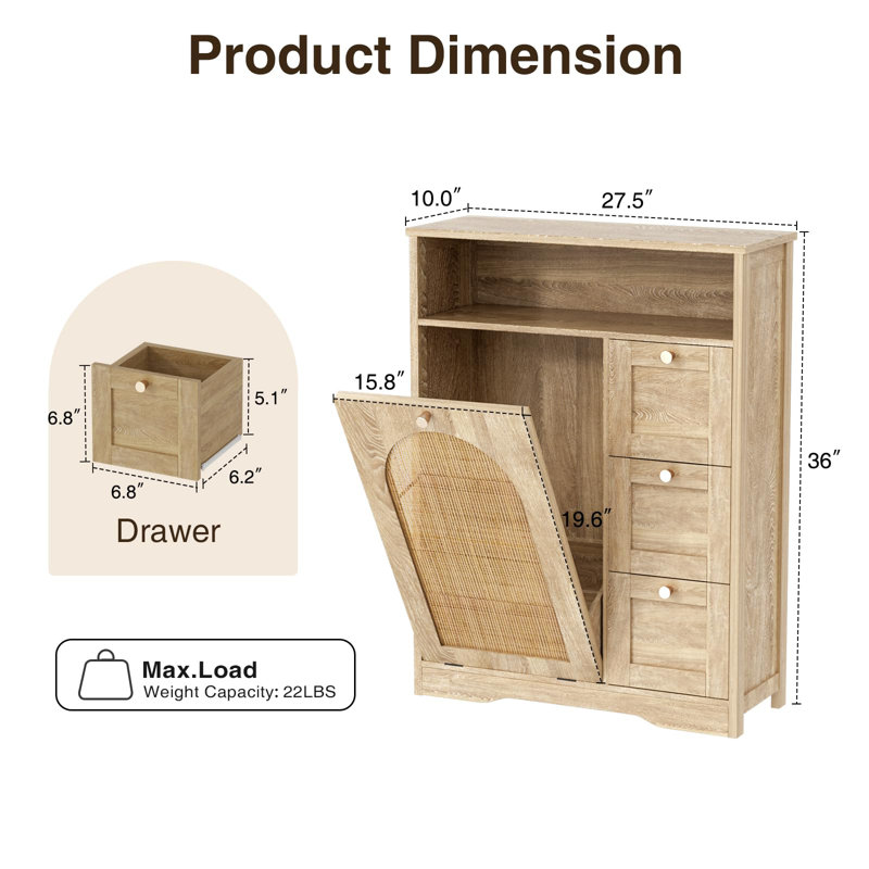 Rattan Storage Cabinet With 3 Drawers, Natural
