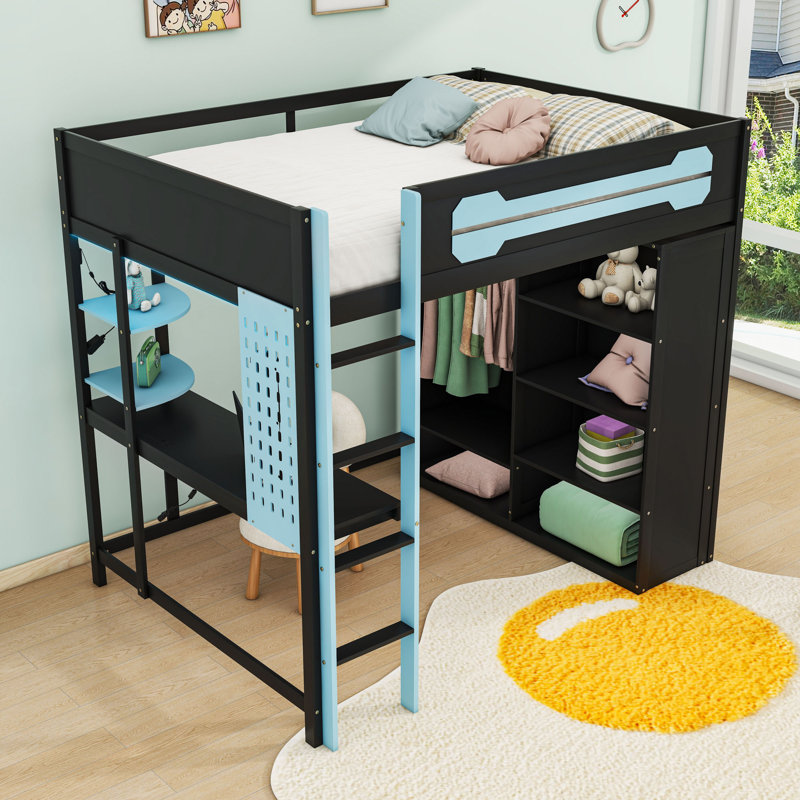 Lit mezzanine pleine grandeur avec bureau, ports USB et éclairage à DEL RVB, Bleu