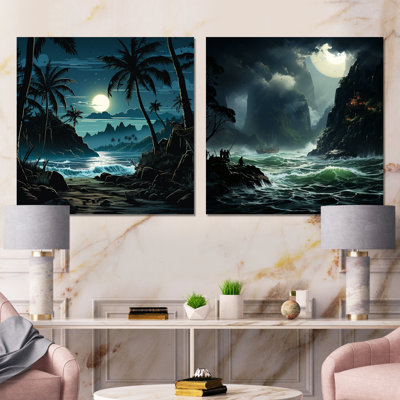Tempête tropicale au clair de lune I - ensemble de 2 décorations murales tropicales côtières