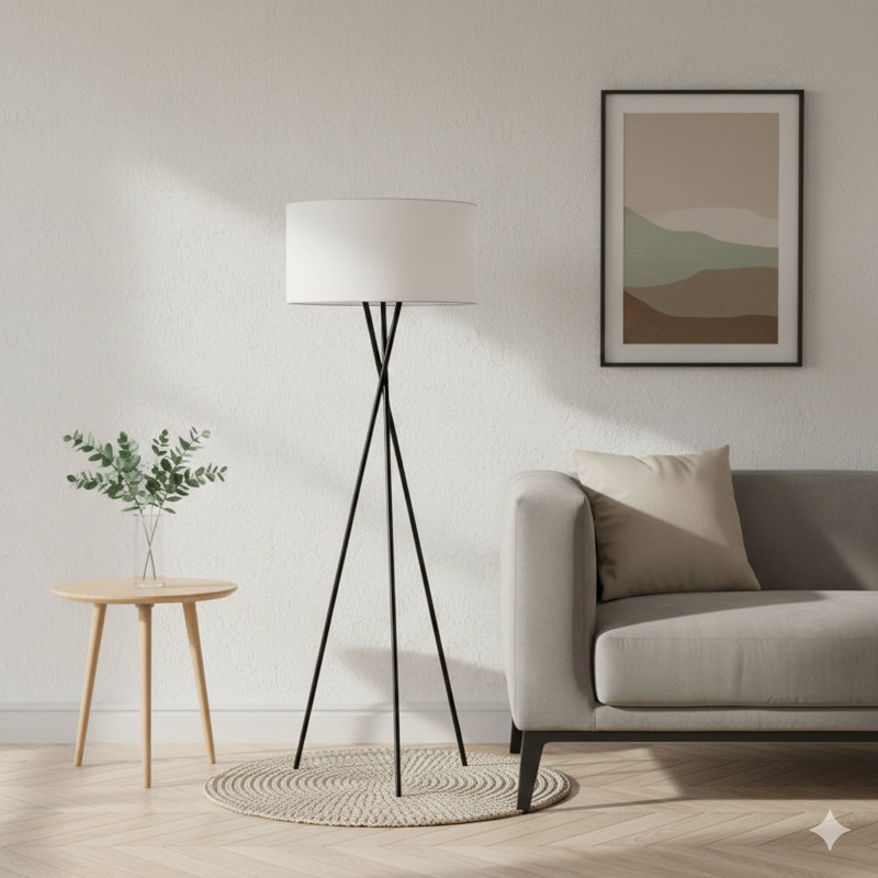 Lighting, H 62 po, lampe sur pied, métal noir, abat-jour ivoire / crème, contemporain, Noir