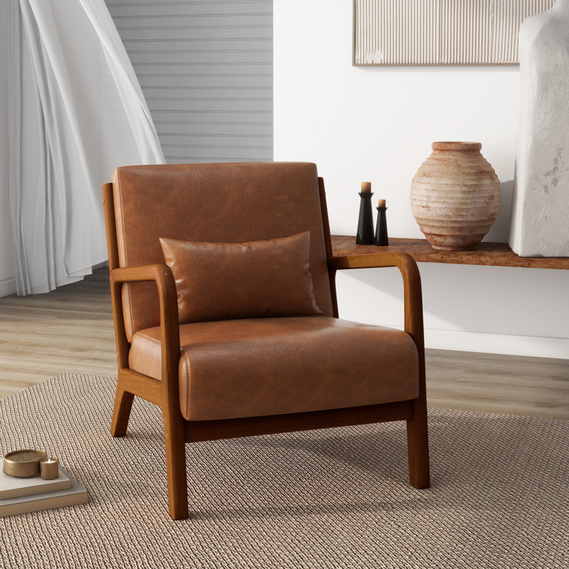 Fauteuil d'appoint Jyrin, Bois brun foncé, Similicuir brun clair