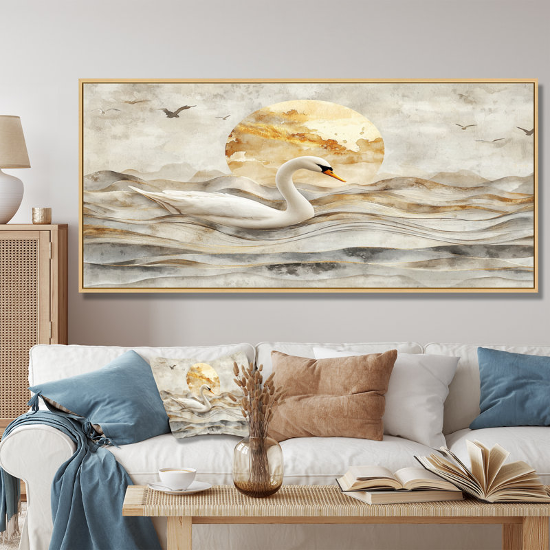 Dortly Sunset Swan Reflections of Elegance I - cygnes, art mural, H 28 po x l 60 po, Impression encadrée flottante