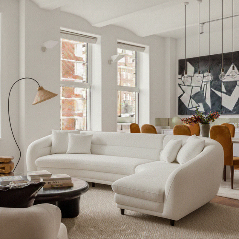 125“ Modern Curved Sectional Sofa, Polyester Upholstered L-Shaped Couch with 4 Throw Pillows, Oversized Cloud-Like Comfort for Living Room, Apartment, Office
