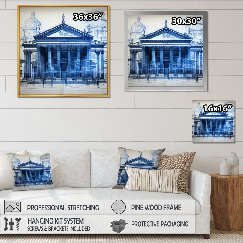 «Blueprint of Washington Architecture I», reproduction sur toile, Cadre simple blanc, H 36 po x l 36 po x P 1,5 po