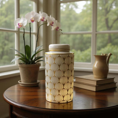 Modern White & Gold Ceramic Ginger Jar – Decorative Sleek Vase for Living Room, Bedroom, or Office