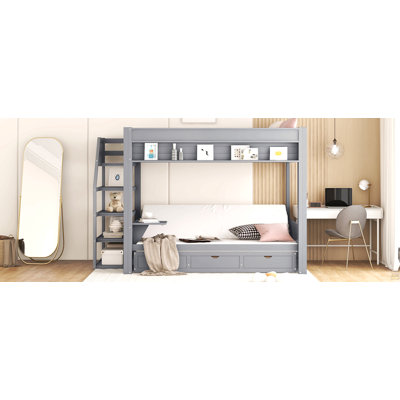 Wood Full Size Convertible Bunk Bed with Storage Staircase, Bedside Table, and 3 Drawers, Gray