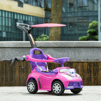 Qaba Push Car For Kids 1-3 Years, 3 In 1 Ride On Sliding Car, Foot To Floor Baby Push Car With Removable Handle, Music, Horn, Canopy, Safety Guardrail