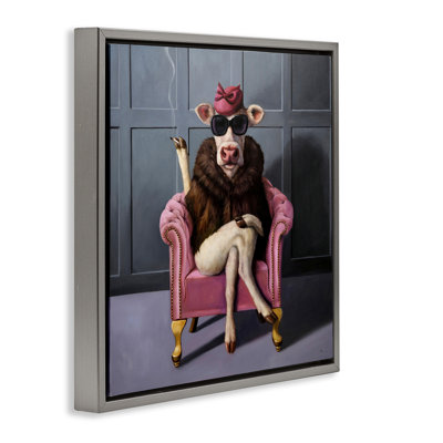 Trendy Pink Glam Cow Gray Framed Floater Canvas Wall Art by Lucia Heffernan