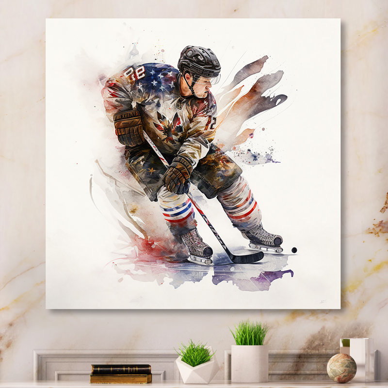 Joueur de hockey américain en action I - Décoration murale moderne en métal, H 16 po x l 16 po x P 1 po