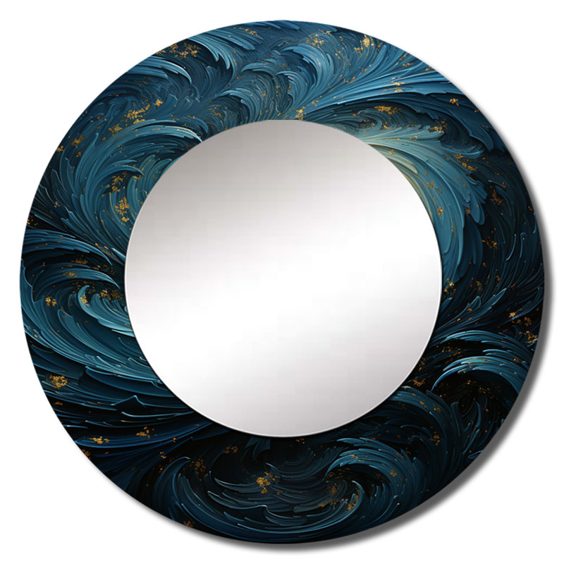 Blue Fury Waves Spiral I - miroir abstrait en spirale, miroir mural rond bleu unique, impression sur métal, 36 po x 36 po
