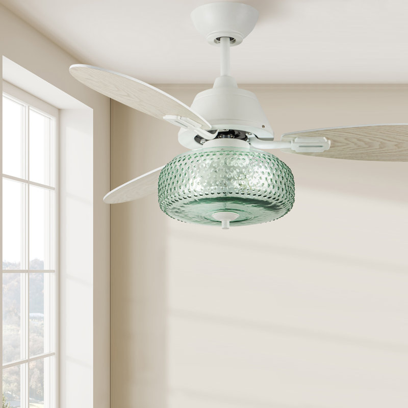 42"W Cecile LED Indoor Ceiling Fan With Hand-Blown Seafoam Green Glass Shade With Remote Control, White