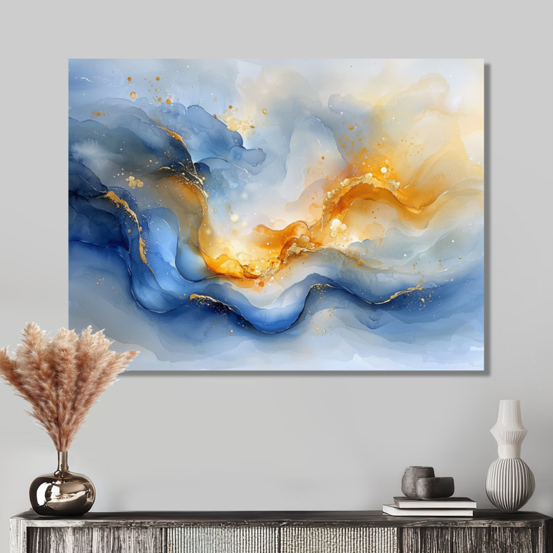 «Blue Yellow Dream Lines V - Abstract collages», art mural, H 34 po x l 44 po, Toile tendue, Ne s’applique pas