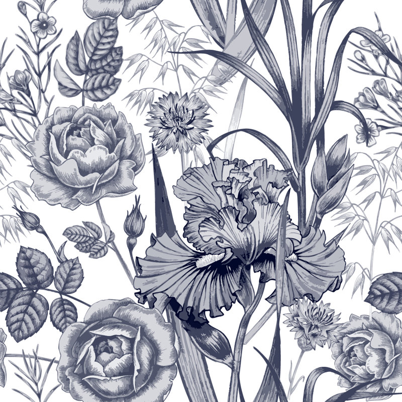 Dark Flowers On White Background Wallpaper, 25" W x 125" L