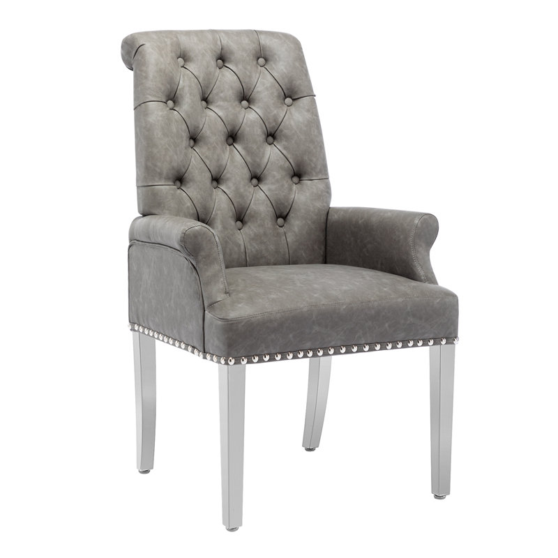 Upholstered Tufted Arm Dining Chairs, Velvet Light Gray