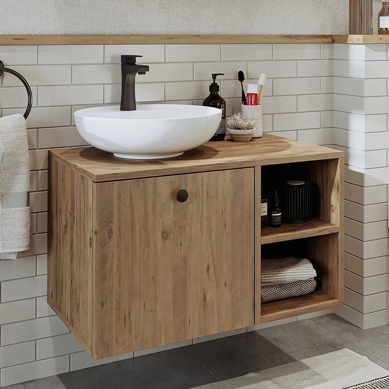 Rosaliyah Bathroom Vanity Unit with Ceramic Washbasin 75cm, Oak