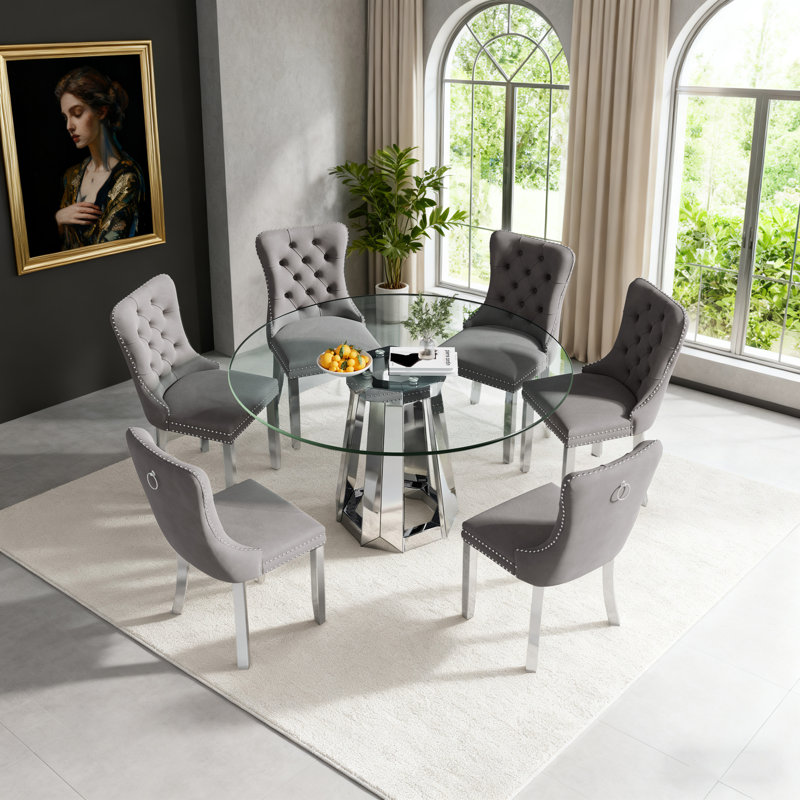 Round Dining Table Set, 47.24" Glass Dining Table with Velvet Dining Chairs, Clear Circle Kitchen Table Set, Dining Room Table and Chairs Set