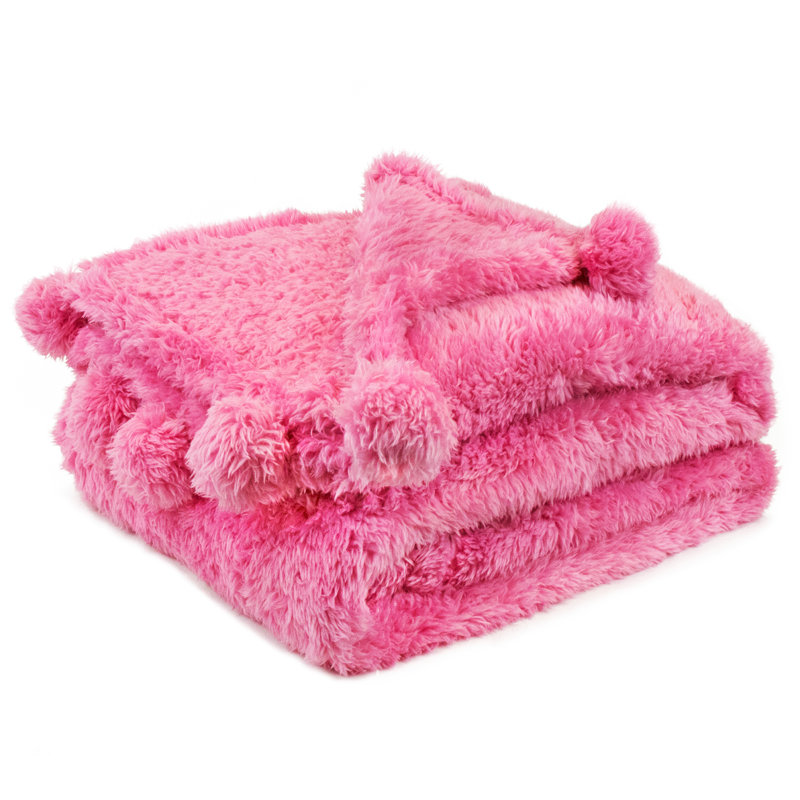 Hot Pink Twin Sherpa Fleece Blanket with Pom Poms