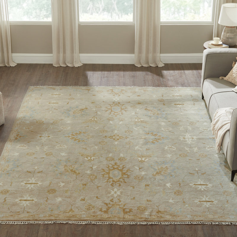 Ember Beige Hand-Knotted Wool Oriental Area Rug, Rectangle 12' x 15'