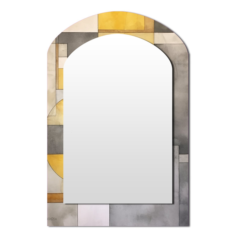 Yellow and Grey Intersecting Realities I - Abstract Shapes Asymmetrical Decorative Mirror, Modern Arch Large Wall Mirror, Printed Metal Art