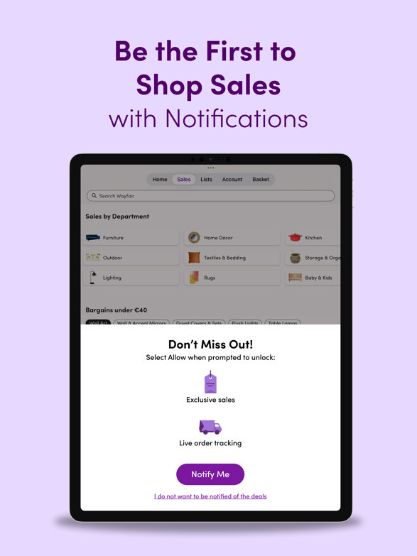 Be the First to Shop Sales with Notifications. Don't Miss Out! Select Allow when prompted to unlock: Exclusive sales. Live order tracking. Notify Me. I do not want to be notified of the deals.