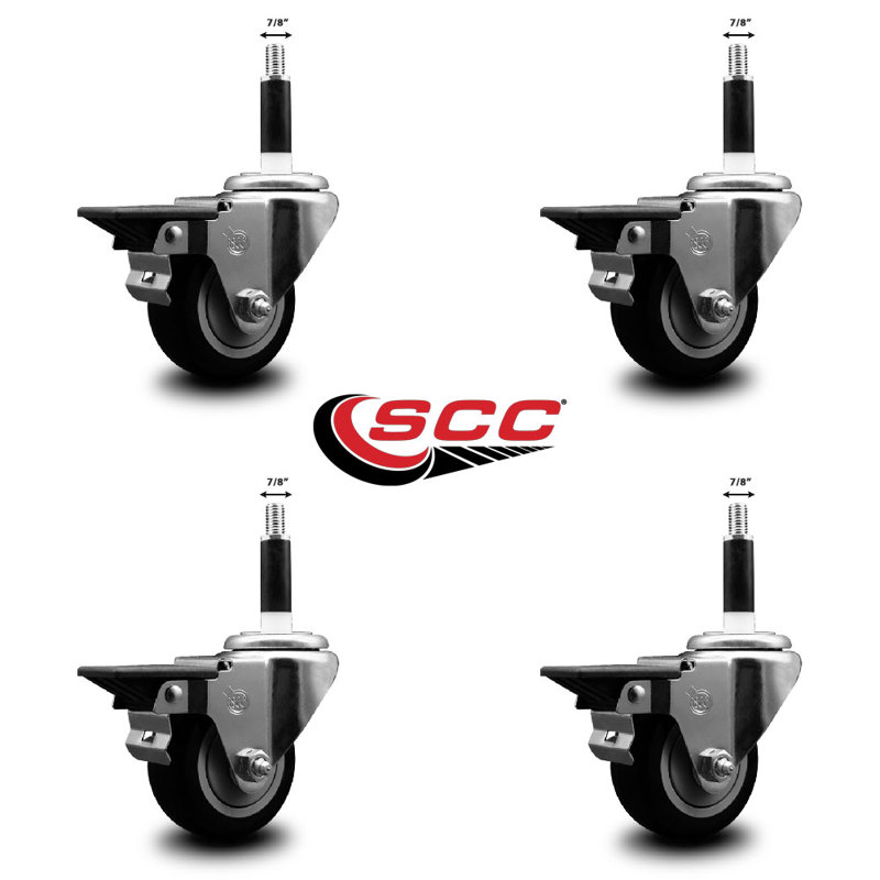 Ensemble de roulettes extensibles pivotantes 3 po en poly noir 7/8 po avec frein SCC