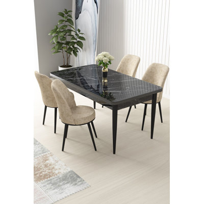 Ensemble de table et chaises de salle à manger moderne 5 pièces, marbre noir et crème | 100% panneau de particules revêtu de mélamine, table: 43,3 po x 29,9 po x 27,9 po, chaises: 17,7 po x 35,8 po x 16,5 po | Pieds en métal, sièges en mousse confortables, design élégant pour les maisons contemporaines