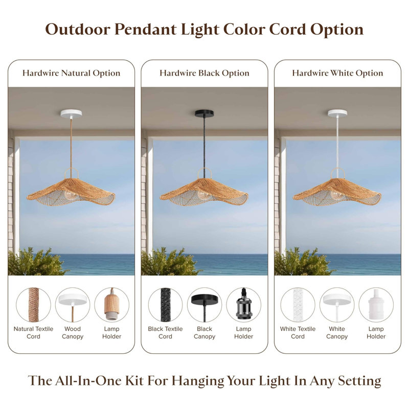 Lotus Pad Outdoor Rattan Pendant Light - Large Natural Poly Fiber Novelty 1-Light Handwoven Adjustable Outdoor Hanging Light For Covered Patio, Entryway In Coastal, Farmhouse, Rustic & Country Style