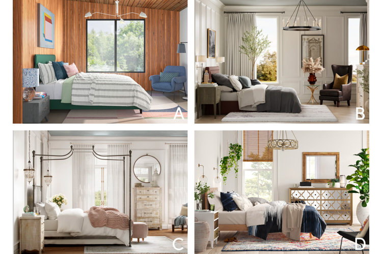 Collage of modern, traditional farmhouse, and boho bedroom aesthetics.