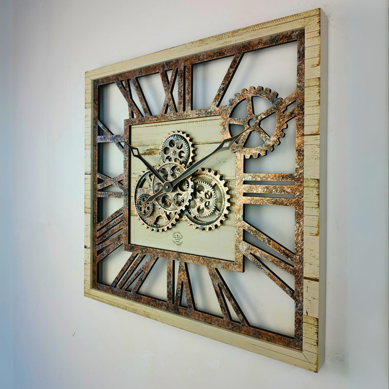 24'' Desert Beige Square Wall Clock with Real Moving Gears