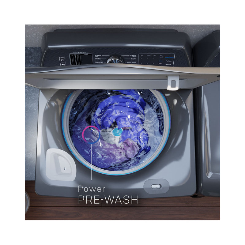 GE Profile 5.4 cu. ft. ENERGY STAR Top Load Washer with Smarter Wash Technology and FlexDispense + 7.4 cu. ft. ENERGY STAR Smart Gas Dryer with Sanitize Cycle and Sensor Dry