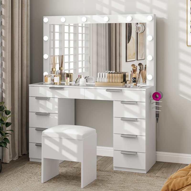 10-Drawer Makeup Vanity Desk with Large Mirror, White